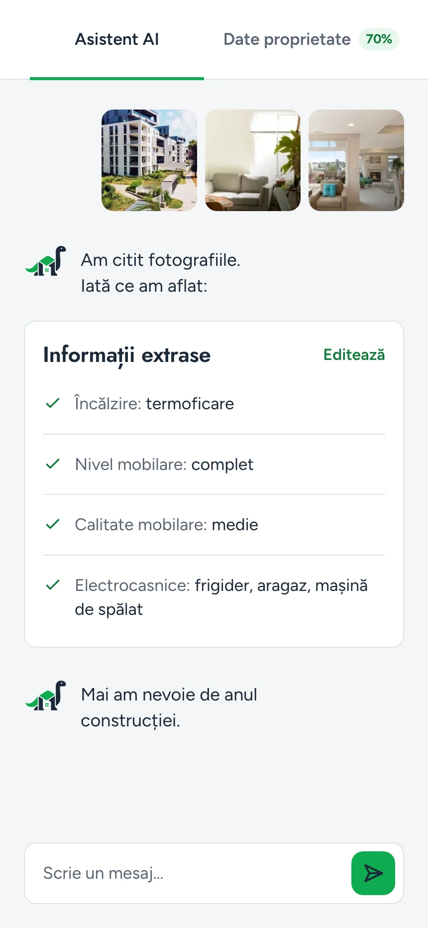 Asistentul AI: trei fotografii trimise, răspunsul și panoul Informații extrase, cu încălzirea, mobilarea și electrocasnicele.