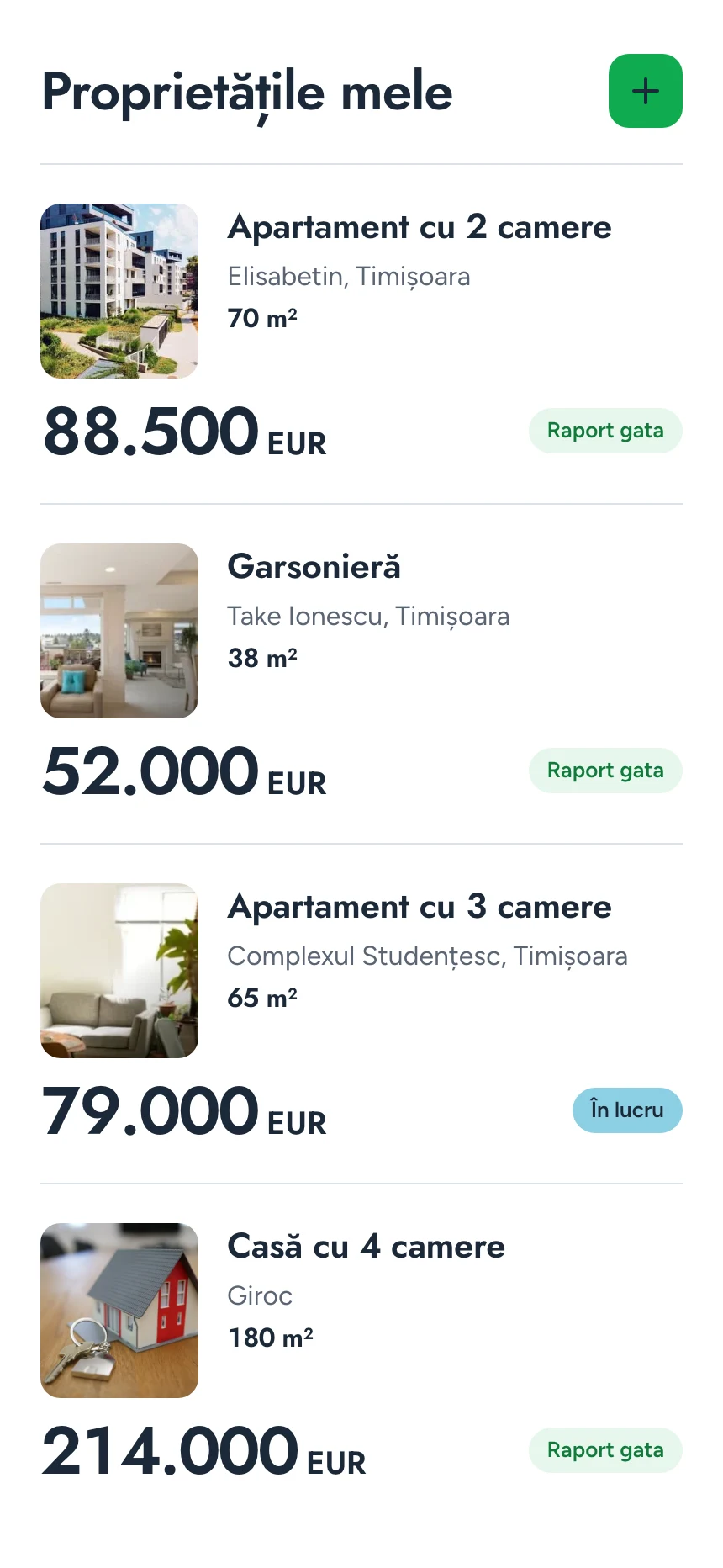 Lista proprietăților, cu suprafața și evaluarea fiecăreia.