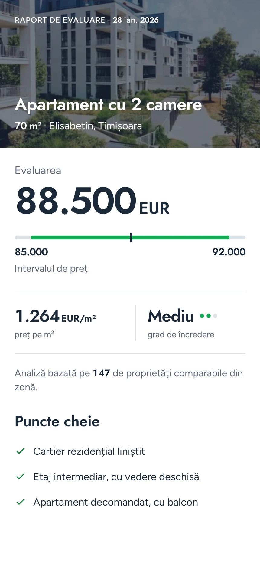 Primul ecran al raportului: Raport de evaluare, 28 ian. 2026, Apartament cu 2 camere, 70 m², Elisabetin, Timișoara, 88.500 EUR, 85.000 – 92.000 EUR, grad de încredere Mediu.